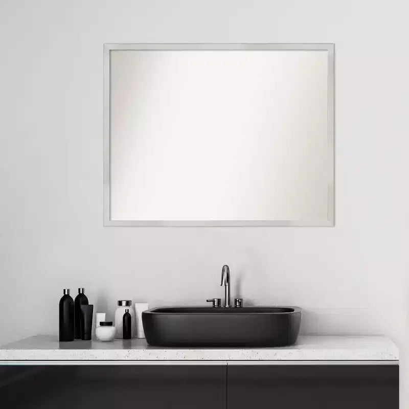 30" x 24" Non-Beveled Silver Wood Bathroom Wall Mirror -: Modern Rectangle, Wall Mount