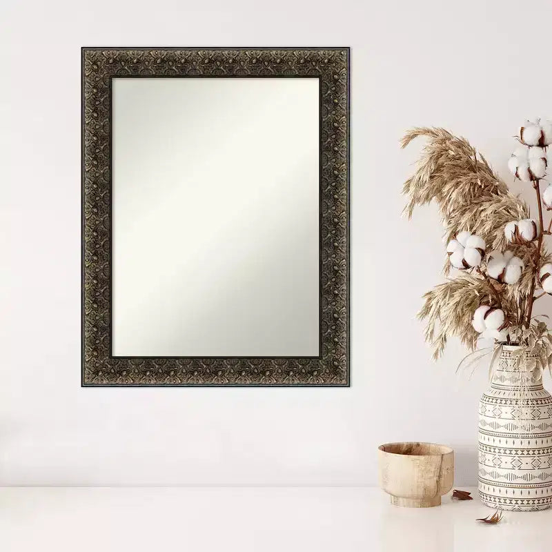 23" x 29" Non-Beveled Embossed Black Wood Wall Mirror