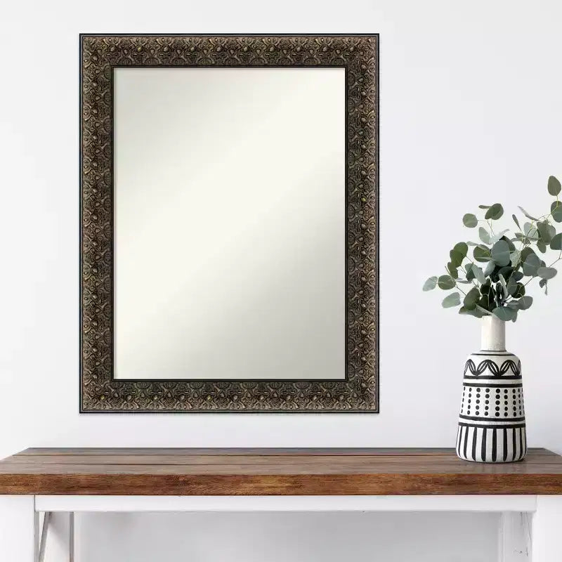 23" x 29" Non-Beveled Embossed Black Wood Wall Mirror