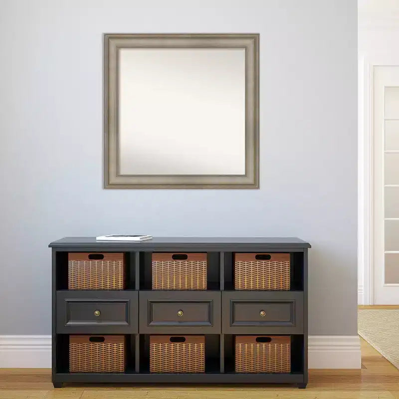 32" x 32" Non-Beveled Antique Silver Narrow Wood Wall Mirror -: Modern Square, Includes Mount Hardware