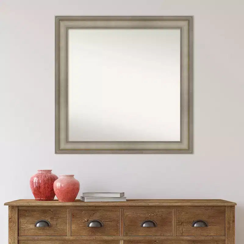 32" x 32" Non-Beveled Antique Silver Narrow Wood Wall Mirror -: Modern Square, Includes Mount Hardware