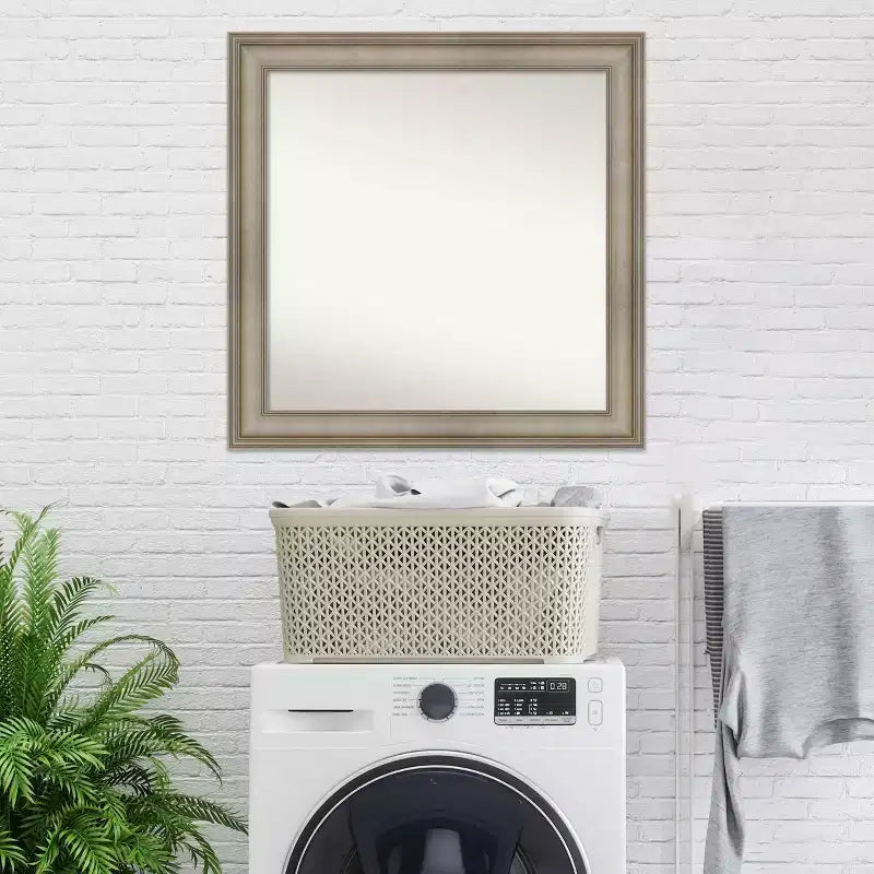 32" x 32" Non-Beveled Antique Silver Narrow Wood Wall Mirror -: Modern Square, Includes Mount Hardware