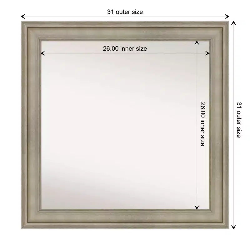 32" x 32" Non-Beveled Antique Silver Narrow Wood Wall Mirror -: Modern Square, Includes Mount Hardware