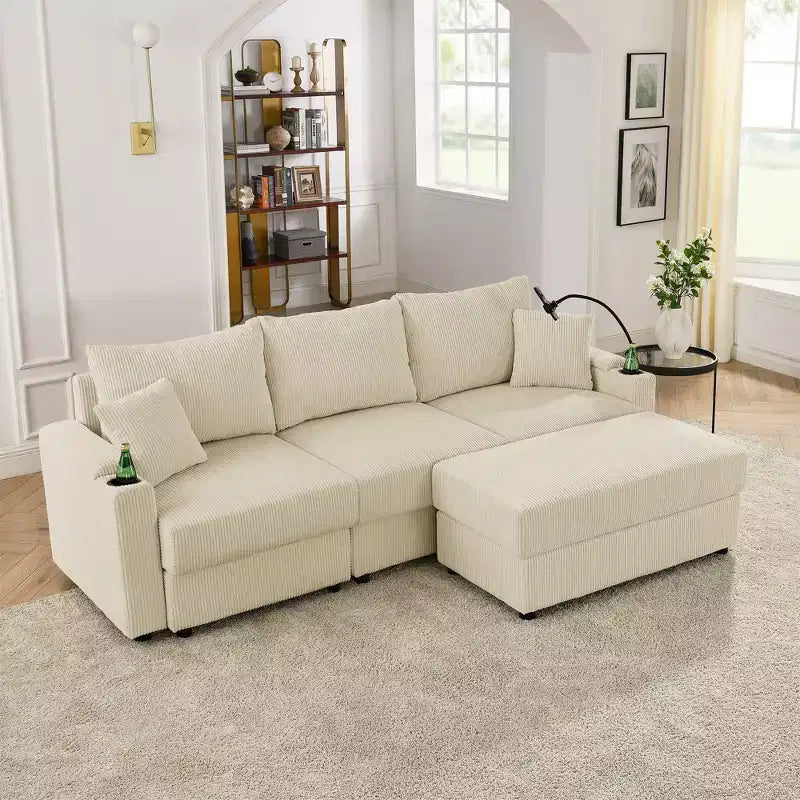 Modern 3 Seater Corduroy 102 Sofa with Cup Holders,Mobile Phone Holder, Armrest Storage and Ottoman