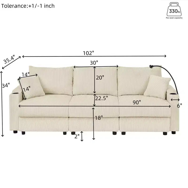 Modern 3 Seater Corduroy 102 Sofa with Cup Holders,Mobile Phone Holder, Armrest Storage and Ottoman