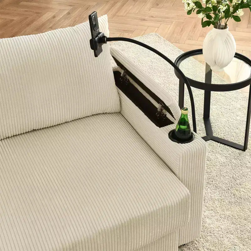 Modern 3 Seater Corduroy 102 Sofa with Cup Holders,Mobile Phone Holder, Armrest Storage and Ottoman
