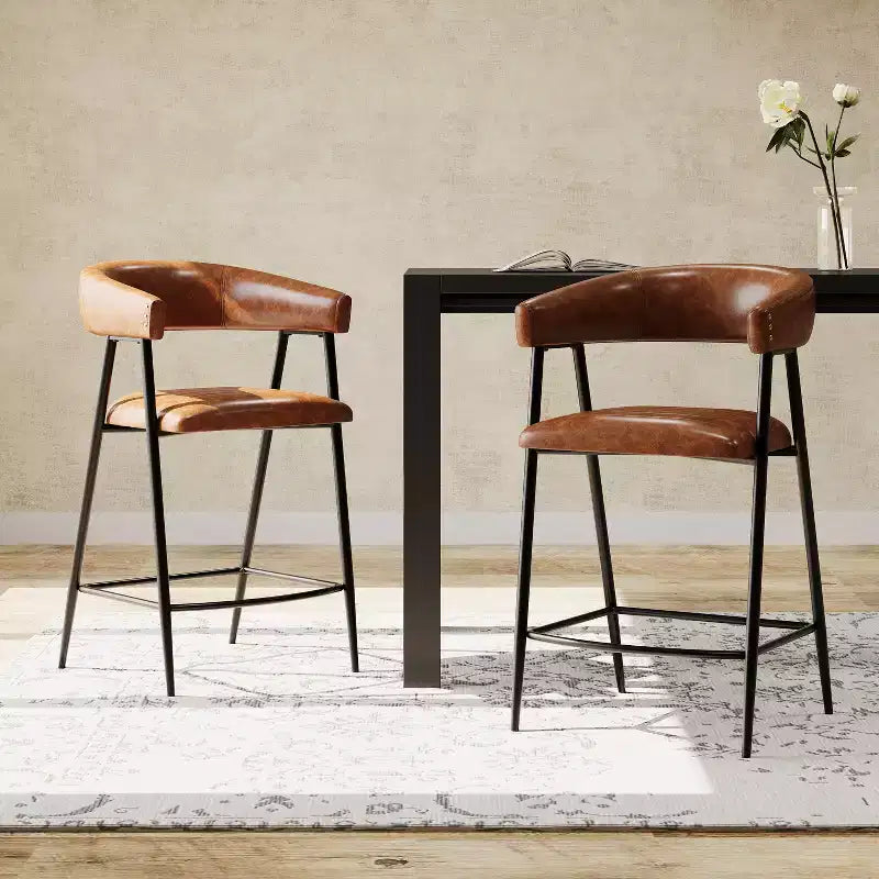 26-inch faux leather bar stool with metal frame, footrest, brown