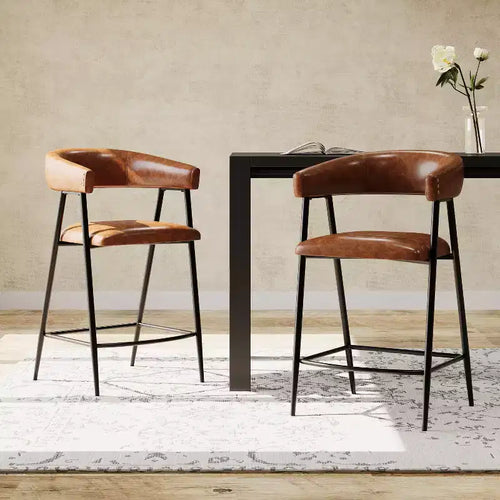 26-inch faux leather bar stool with metal frame, footrest, brown