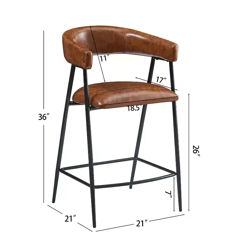 26-inch faux leather bar stool with metal frame, footrest, brown