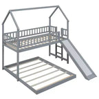 Twin over Full House Bunk Bed with Slide and Built-in Ladder, Full-Length Guardrail, Gray