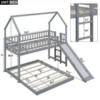 Twin over Full House Bunk Bed with Slide and Built-in Ladder, Full-Length Guardrail, Gray