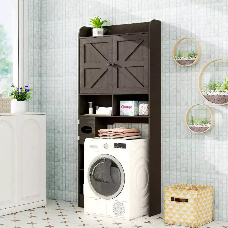 Over-the-Toilet Storage Cabinet| Bathroom Organizer Shelf with Barn Doors, Toilet Paper Holder