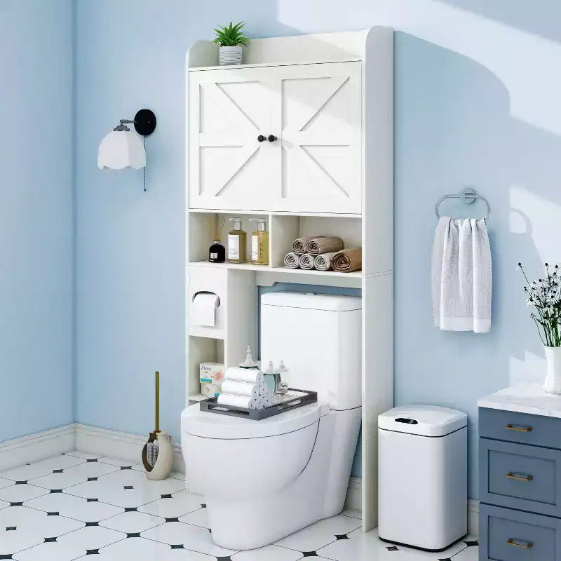 Over-the-Toilet Storage Cabinet| Bathroom Organizer Shelf with Barn Doors, Toilet Paper Holder
