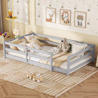 Bed Frame Twin/Full Size,Modern Low Profile Toddler Bed with Safety Rails, Solid Wood Frame for Kids Bedroom