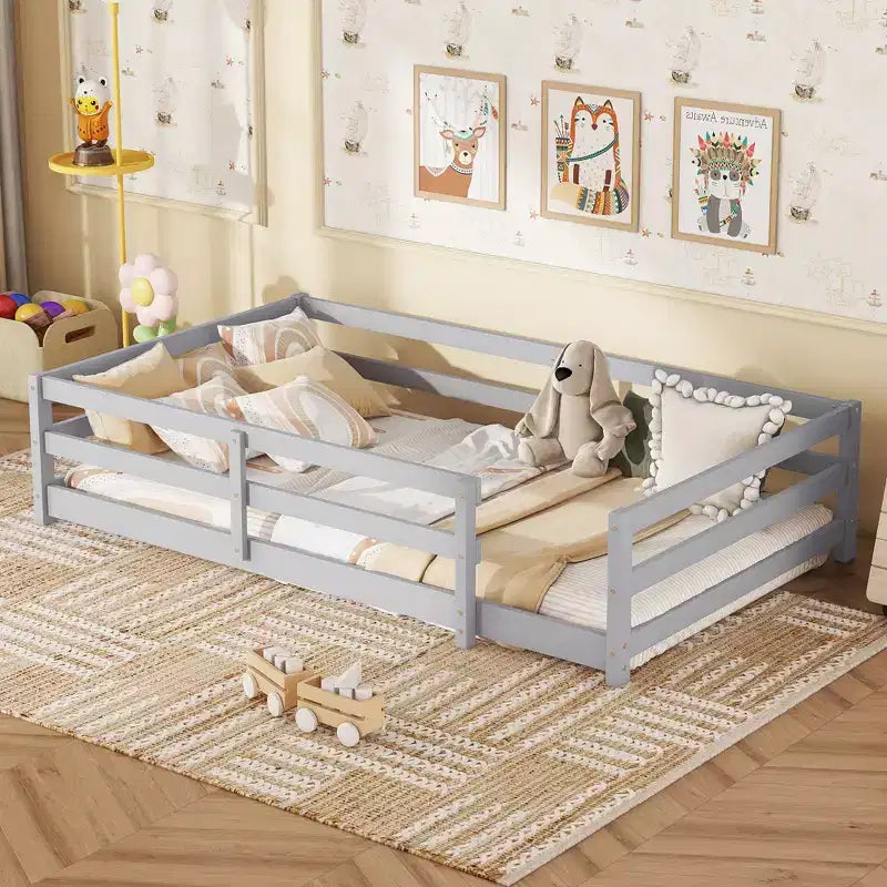 Bed Frame Twin/Full Size,Modern Low Profile Toddler Bed with Safety Rails, Solid Wood Frame for Kids Bedroom