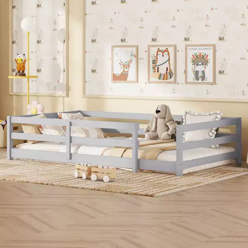 Bed Frame Twin/Full Size,Modern Low Profile Toddler Bed with Safety Rails, Solid Wood Frame for Kids Bedroom