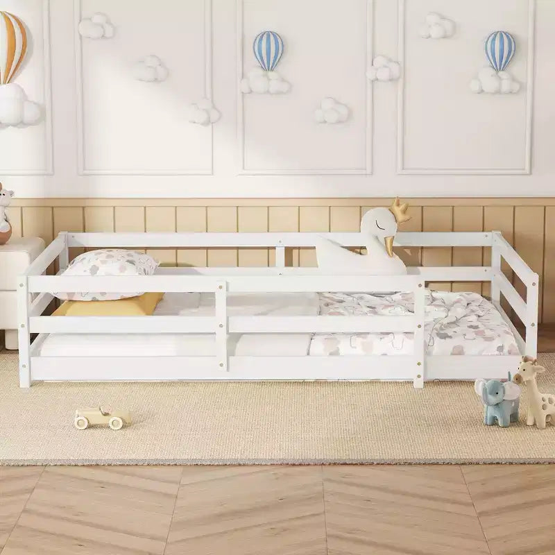 Bed Frame Twin/Full Size,Modern Low Profile Toddler Bed with Safety Rails, Solid Wood Frame for Kids Bedroom