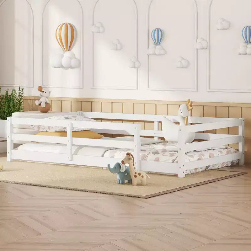 Bed Frame Twin/Full Size,Modern Low Profile Toddler Bed with Safety Rails, Solid Wood Frame for Kids Bedroom