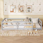 Bed Frame Twin/Full Size,Modern Low Profile Toddler Bed with Safety Rails, Solid Wood Frame for Kids Bedroom
