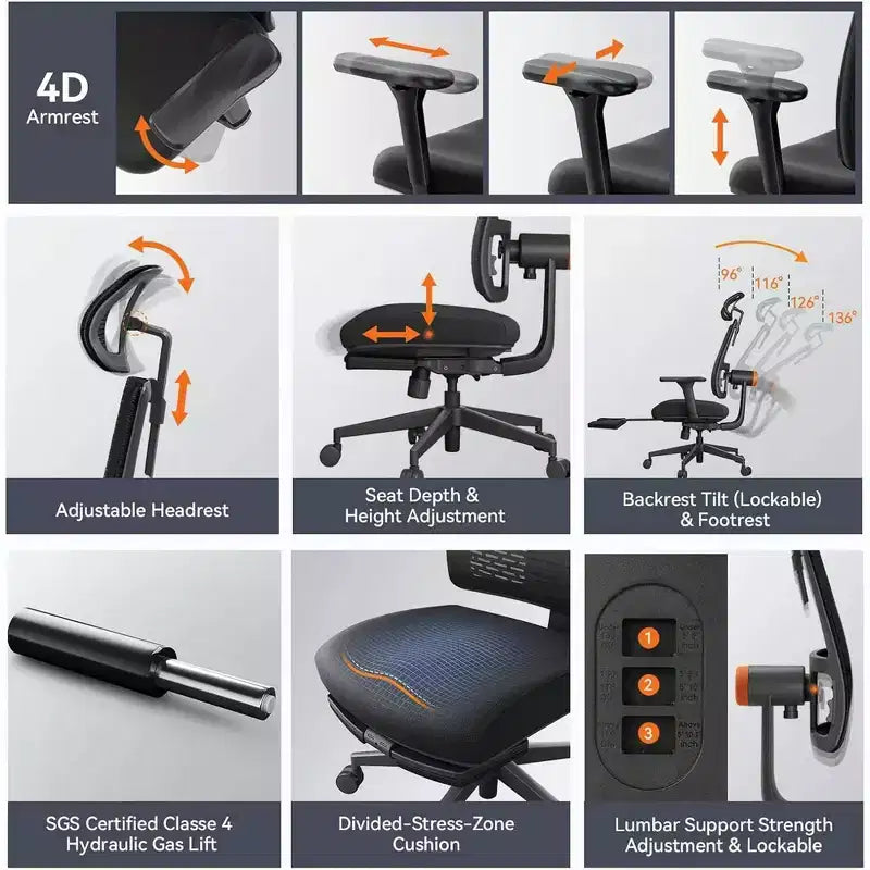 Ergonomic Chair with Footrest Home Office Desk Chair with Auto-Following Lumbar Support, 4D Armrest, Seat Depth&Height Adjustable