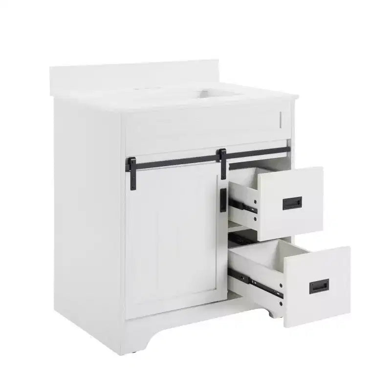 30 White Farmhouse Bathroom Vanity with Sliding Barn Doors, 2 Drawers, Freestanding Vanity with Protective Backsplash