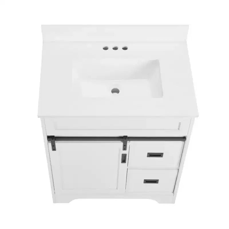 30 White Farmhouse Bathroom Vanity with Sliding Barn Doors, 2 Drawers, Freestanding Vanity with Protective Backsplash
