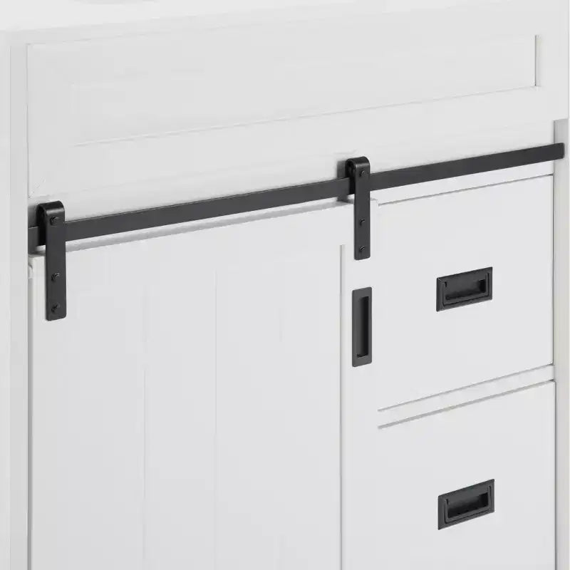 30 White Farmhouse Bathroom Vanity with Sliding Barn Doors, 2 Drawers, Freestanding Vanity with Protective Backsplash
