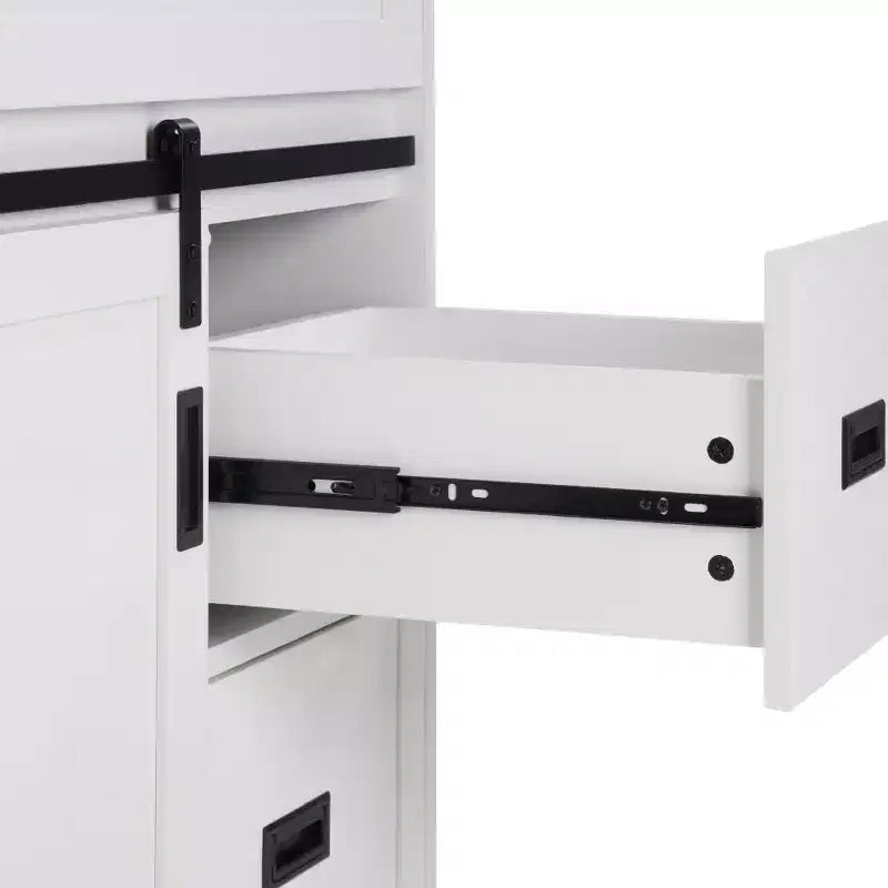 30 White Farmhouse Bathroom Vanity with Sliding Barn Doors, 2 Drawers, Freestanding Vanity with Protective Backsplash