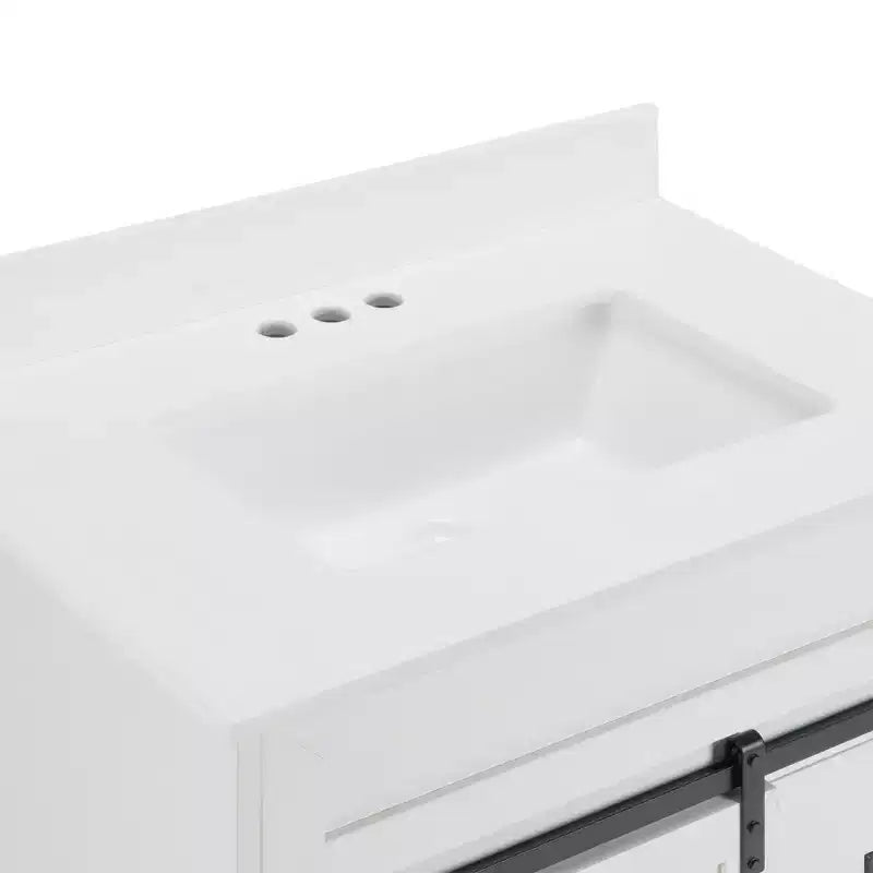 30 White Farmhouse Bathroom Vanity with Sliding Barn Doors, 2 Drawers, Freestanding Vanity with Protective Backsplash