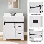 30 White Farmhouse Bathroom Vanity with Sliding Barn Doors, 2 Drawers, Freestanding Vanity with Protective Backsplash
