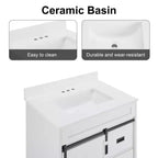 30 White Farmhouse Bathroom Vanity with Sliding Barn Doors, 2 Drawers, Freestanding Vanity with Protective Backsplash