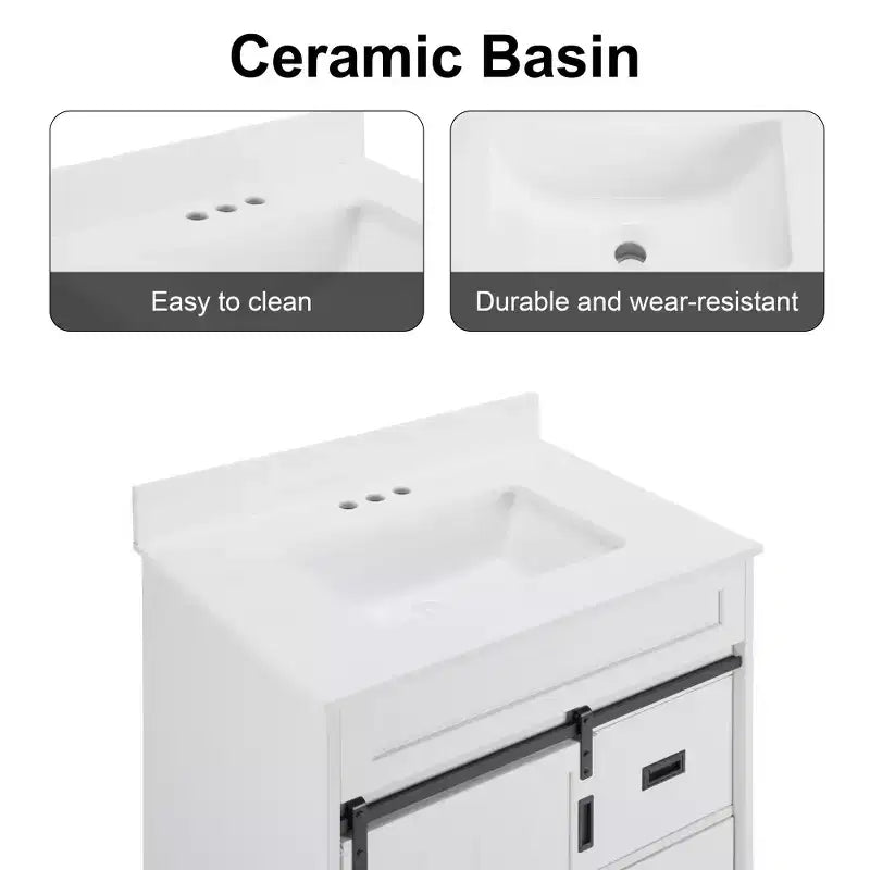 30 White Farmhouse Bathroom Vanity with Sliding Barn Doors, 2 Drawers, Freestanding Vanity with Protective Backsplash