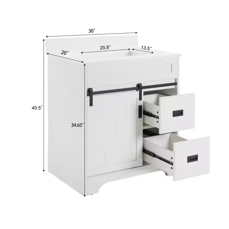 30 White Farmhouse Bathroom Vanity with Sliding Barn Doors, 2 Drawers, Freestanding Vanity with Protective Backsplash