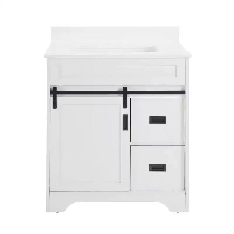 30 White Farmhouse Bathroom Vanity with Sliding Barn Doors, 2 Drawers, Freestanding Vanity with Protective Backsplash