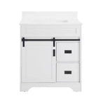 30 White Farmhouse Bathroom Vanity with Sliding Barn Doors, 2 Drawers, Freestanding Vanity with Protective Backsplash