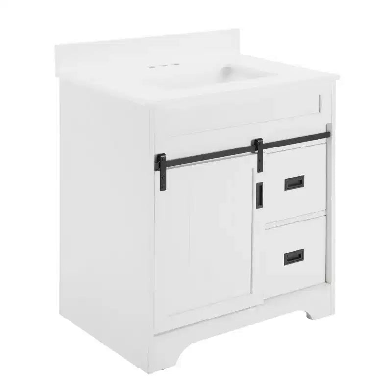30 White Farmhouse Bathroom Vanity with Sliding Barn Doors, 2 Drawers, Freestanding Vanity with Protective Backsplash