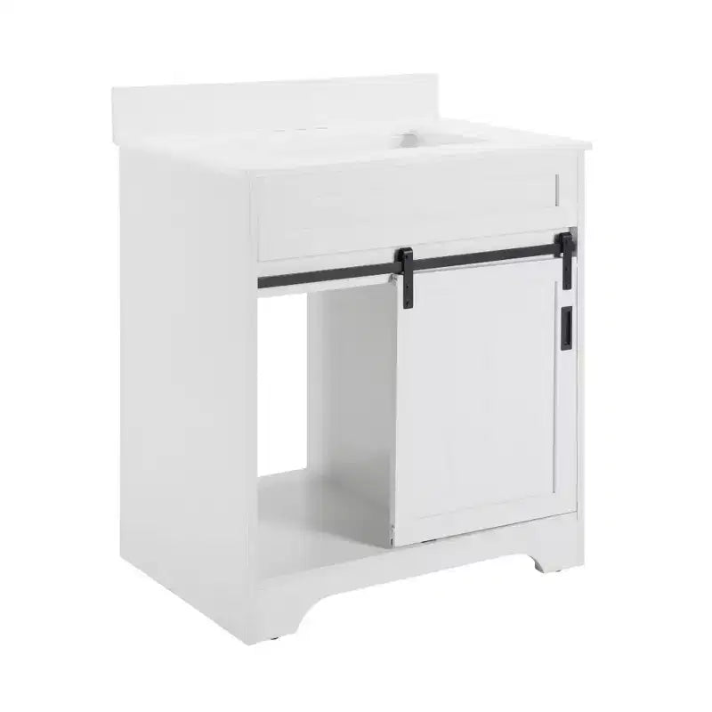 30 White Farmhouse Bathroom Vanity with Sliding Barn Doors, 2 Drawers, Freestanding Vanity with Protective Backsplash
