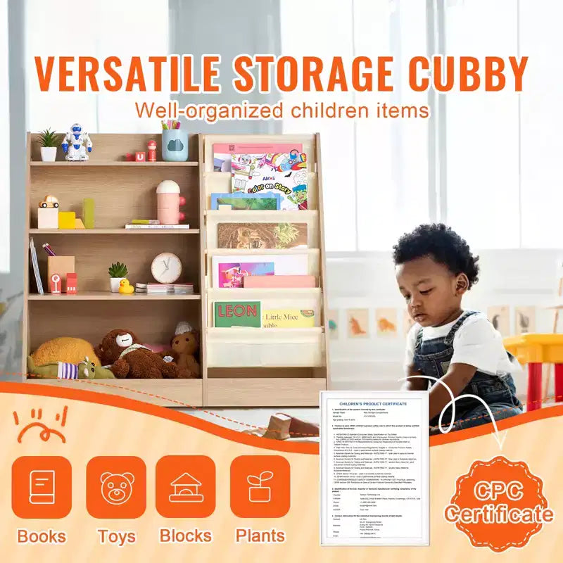 4-Tier Kids Wooden Bookshelf, Six-Layer Sling Bookcase, Baby Storage Book Rack, Book Toy Organizer Cabinet, for Kids Room, Playroom