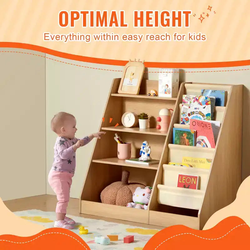 4-Tier Kids Wooden Bookshelf, Six-Layer Sling Bookcase, Baby Storage Book Rack, Book Toy Organizer Cabinet, for Kids Room, Playroom
