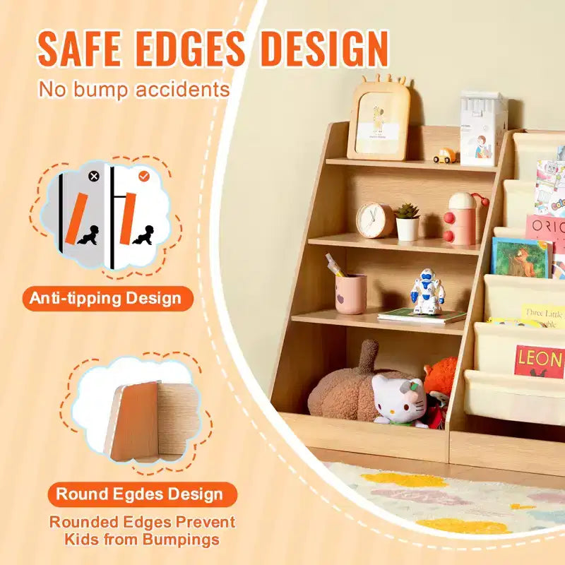4-Tier Kids Wooden Bookshelf, Six-Layer Sling Bookcase, Baby Storage Book Rack, Book Toy Organizer Cabinet, for Kids Room, Playroom