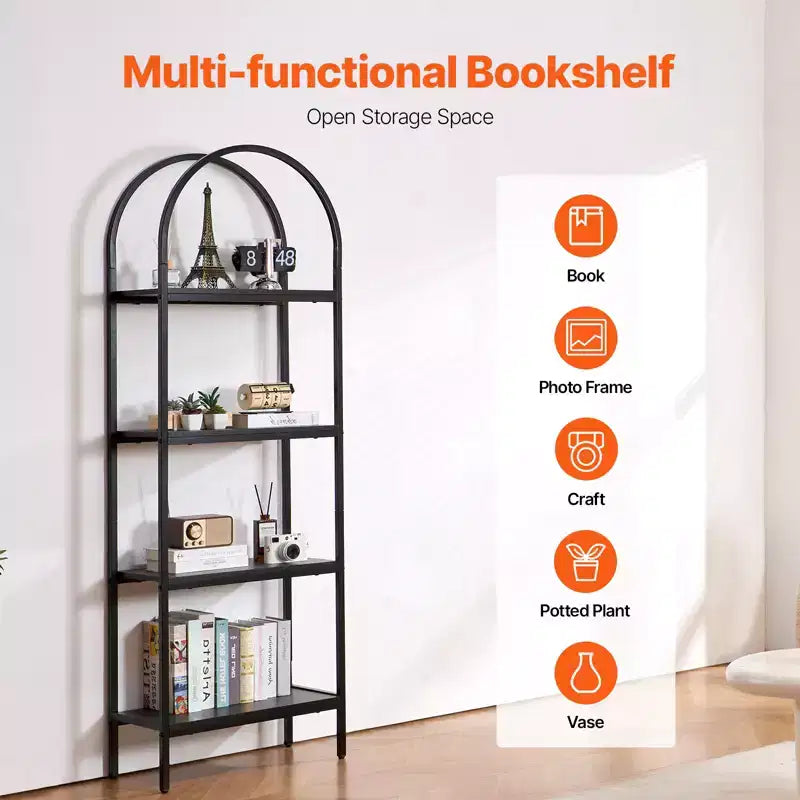 Metal Bookshelf, 4-Tier Arched Industrial Bookshelf, Small Rustic Vintage Storage Bookcase with Open Shelves, Freestanding Display Shelving