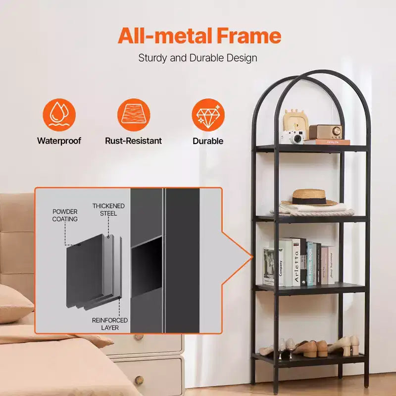 Metal Bookshelf, 4-Tier Arched Industrial Bookshelf, Small Rustic Vintage Storage Bookcase with Open Shelves, Freestanding Display Shelving
