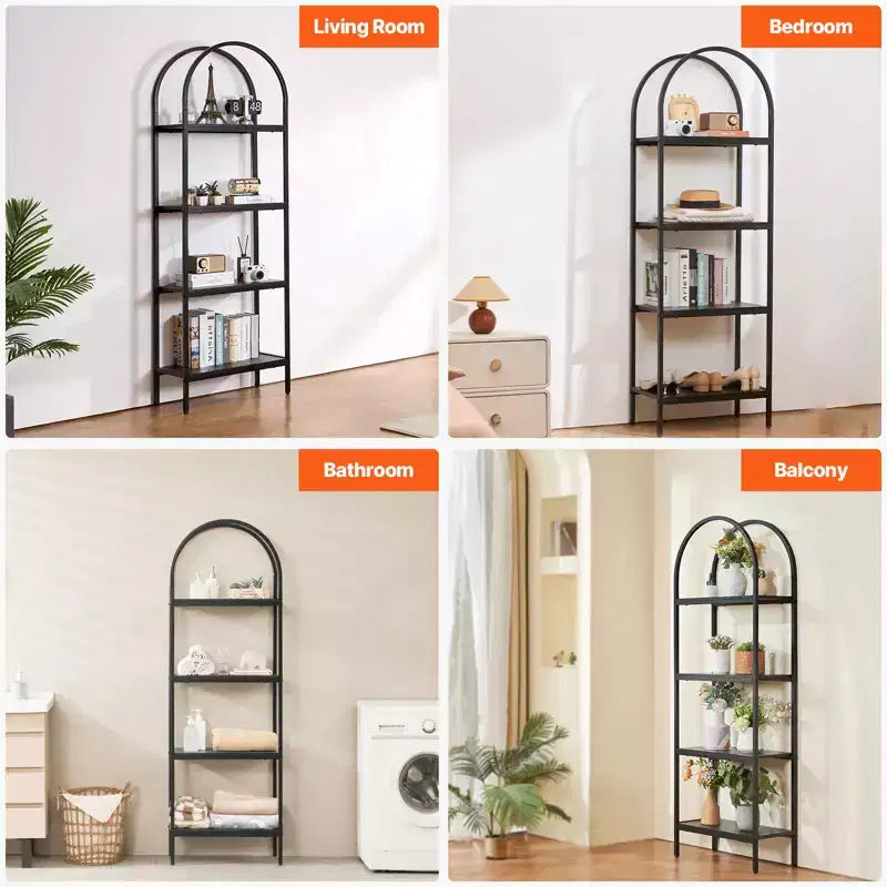Metal Bookshelf, 4-Tier Arched Industrial Bookshelf, Small Rustic Vintage Storage Bookcase with Open Shelves, Freestanding Display Shelving