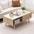 Table basse en rotin, table basse moderne milieu du siècle, table basse rectangulaire en bois, table basse moderne bohème de 42 pouces à deux niveaux de rangement