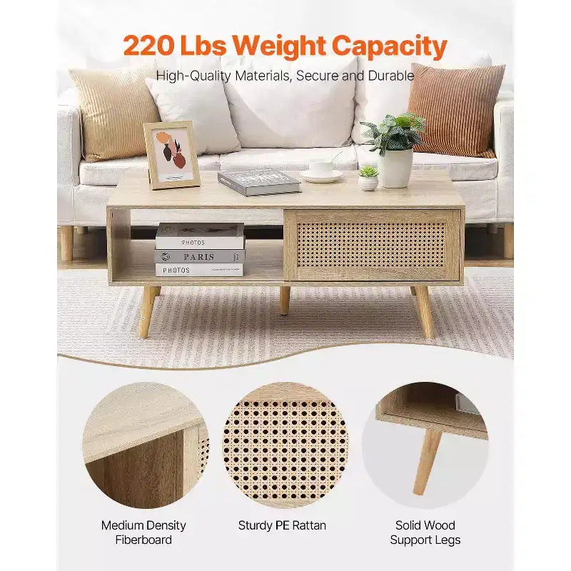 Rattan Coffee Table, Mid Century Modern Coffee Table, Rectangle Wood Coffee Table, 42 Inch Modern Boho Style Two Layers Storage Coffee Table