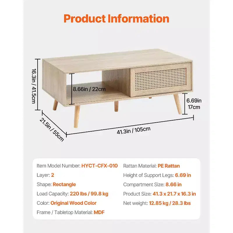 Table basse en rotin, table basse moderne milieu du siècle, table basse rectangulaire en bois, table basse moderne bohème de 42 pouces à deux niveaux de rangement