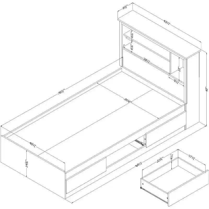 40 in.H Twin Size White with Bookcase Beds made of Particle Board Bed Frame