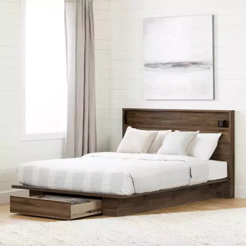 8.5 in.H Adjustable (Full to Queen) Size Brown with Storage Beds made of Particle Board Bed Frame