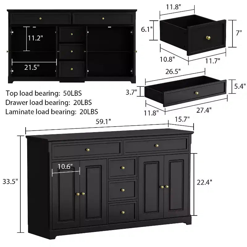 5 Drawer Horizontal Dresser Multifunctional Storage Cabinet Living Room Storage Solutions