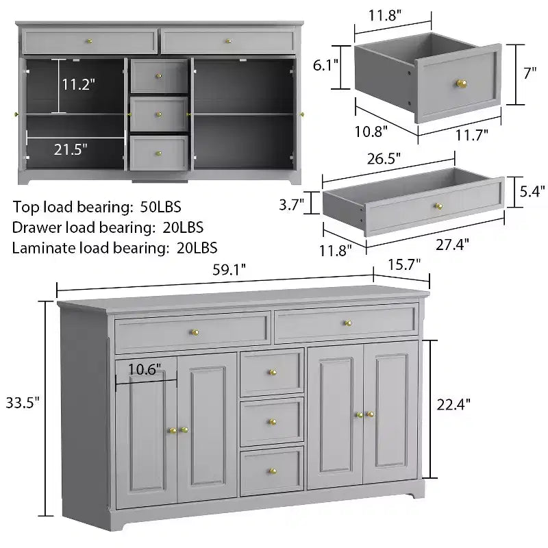 5 Drawer Horizontal Dresser Multifunctional Storage Cabinet Living Room Storage Solutions